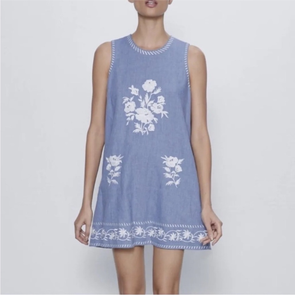 Zara Blue Sleeveless Dress with White Floral Embroidery